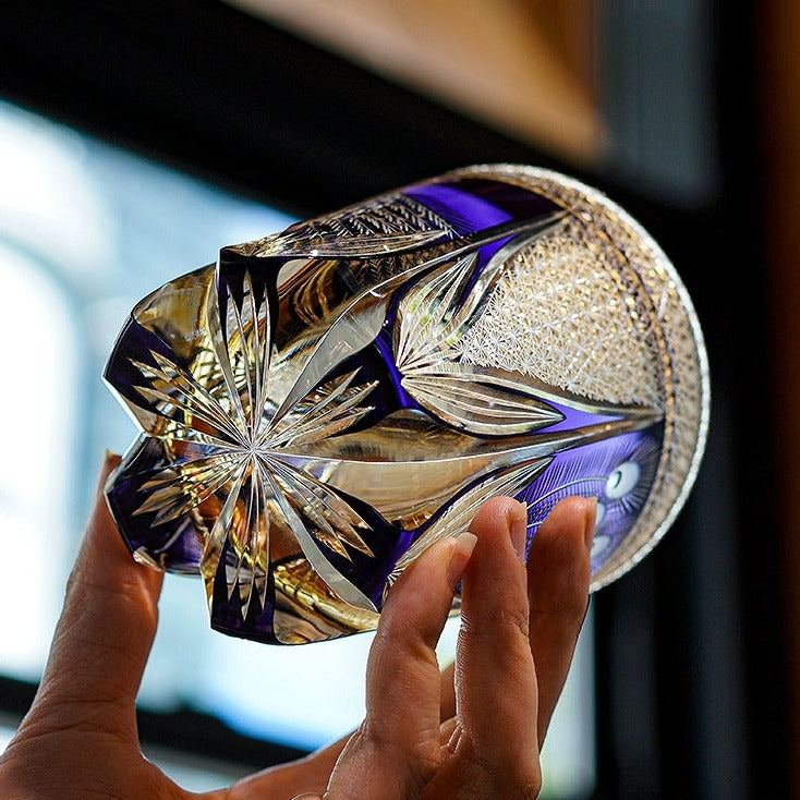 Edo Kiriko Handcrafted Violet Peacock Whisky Glass – A Royal Bloom in Crystal