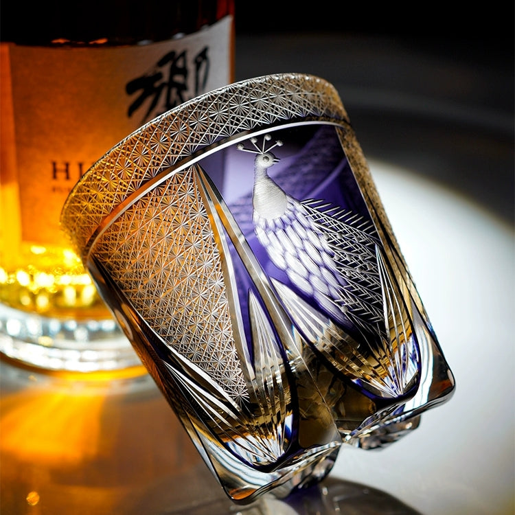 Edo Kiriko Handcrafted Violet Peacock Whisky Glass – A Royal Bloom in Crystal