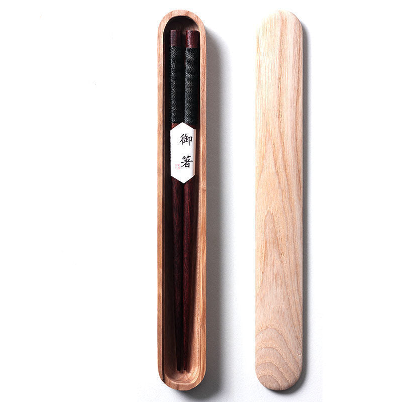 Black Walnut Chopsticks with Decorative Thread in a Wooden Box