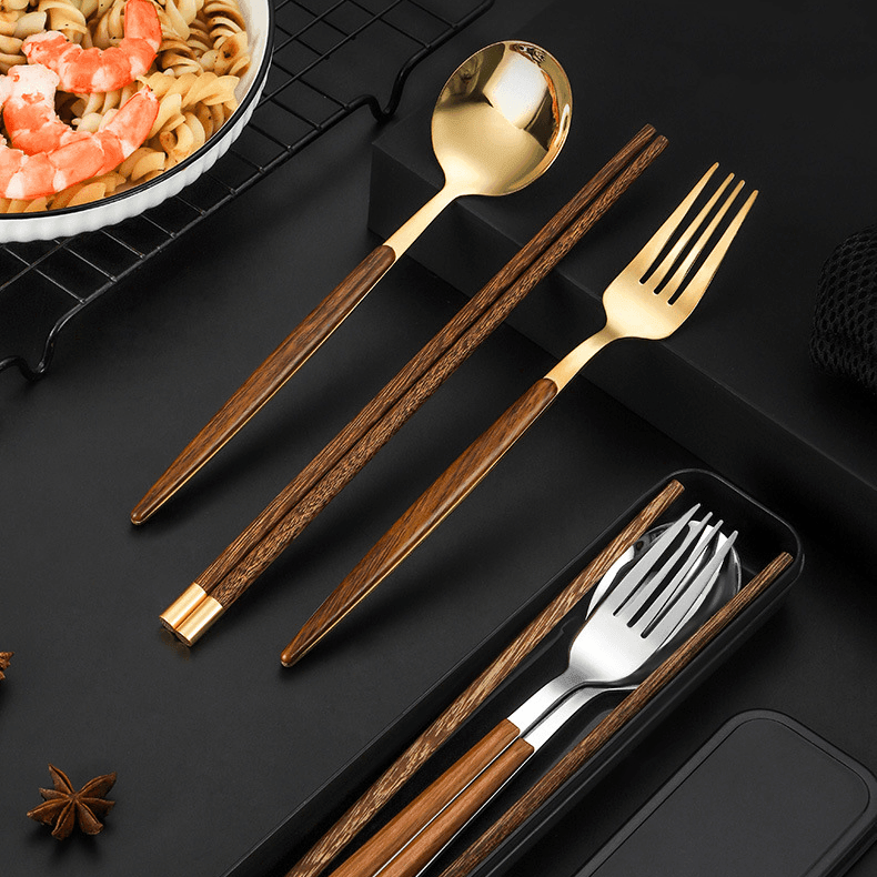 Stainless Steel Utensil Set with Wooden Handles – Modern Elegance for Every Meal