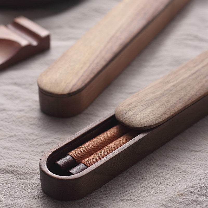Black Walnut Chopsticks with Decorative Thread in a Wooden Box