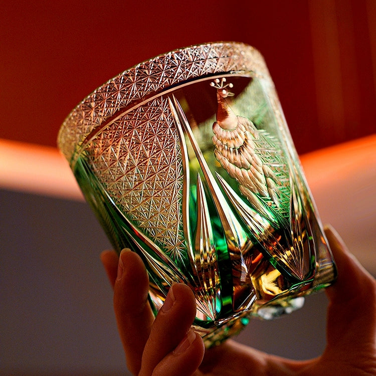 Edo Kiriko Handcrafted Emerald Peacock Whisky Glass – A Verdant Gem of Japanese Artistry