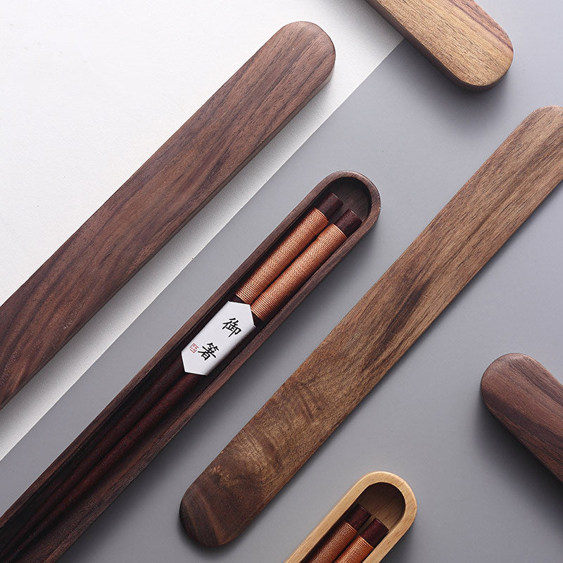 Black Walnut Chopsticks with Decorative Thread in a Wooden Box