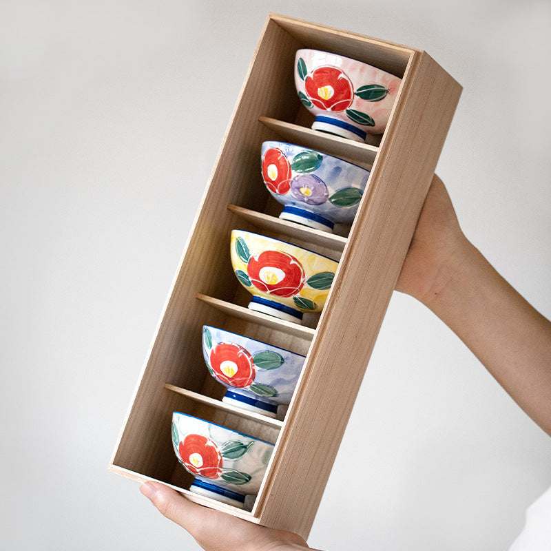 Japanese Mino-yaki Hand-Painted Floral Bowl Set - Thumbnail 3