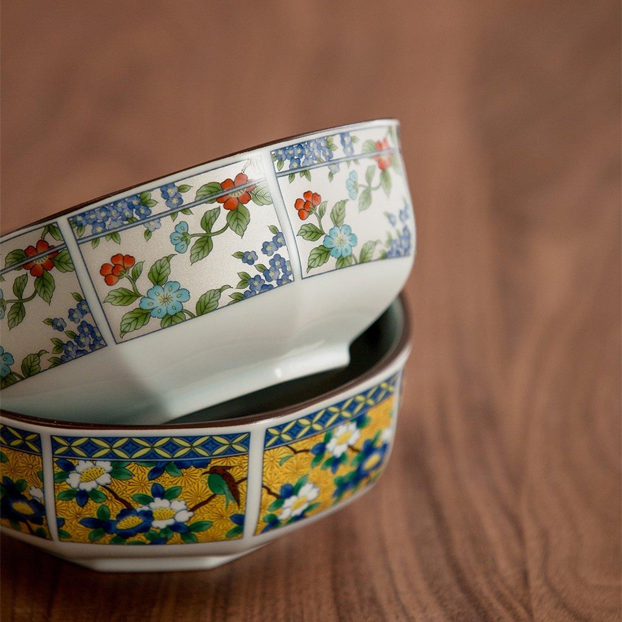 Japanese Mino Ware "Court Dyed Brocade" Octagonal Bowls Set – A Tapestry of Tradition
