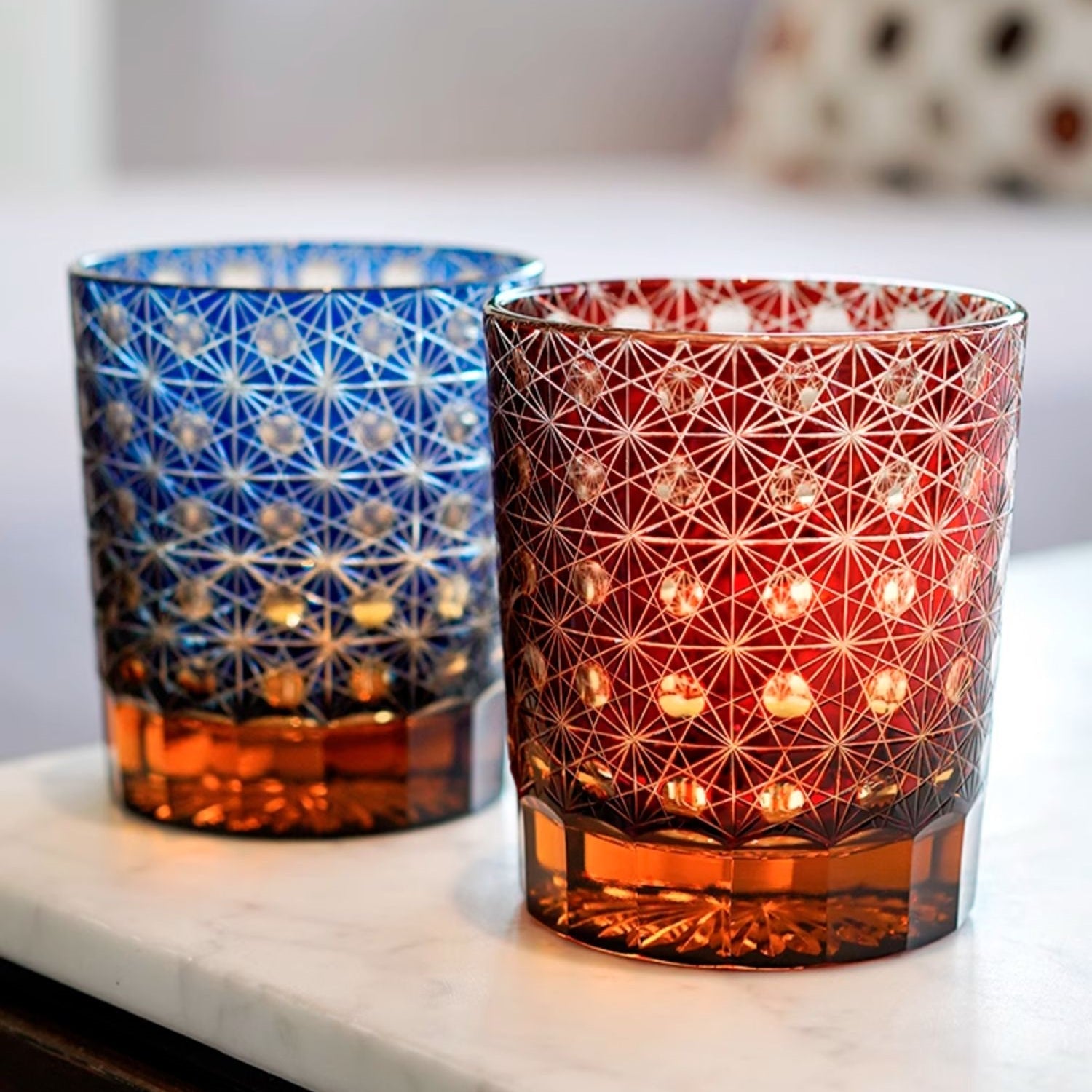 Edo Kiriko "Star Chrysanthemum" Whisky Glasses: Handcrafted Amber Crystal with Wooden Presentation Box