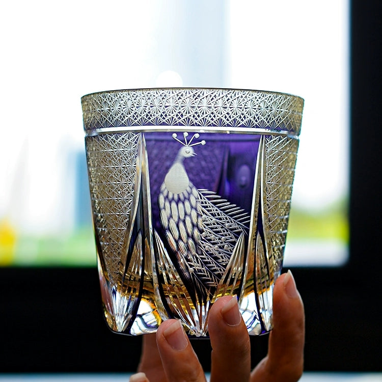 Edo Kiriko Handcrafted Violet Peacock Whisky Glass – A Royal Bloom in Crystal