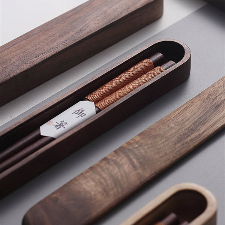 Black Walnut Chopsticks with Decorative Thread in a Wooden Box