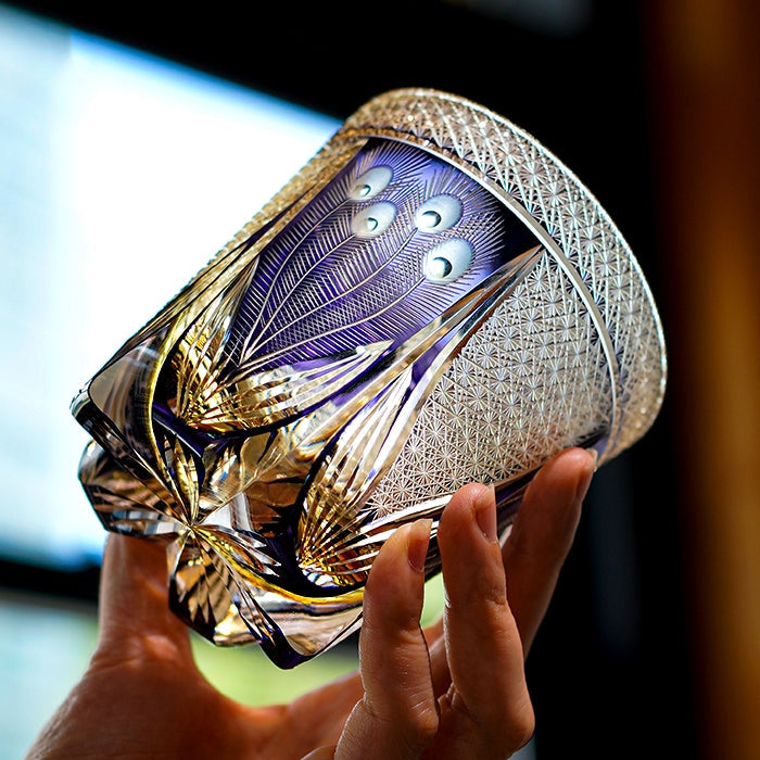 Edo Kiriko Handcrafted Violet Peacock Whisky Glass – A Royal Bloom in Crystal