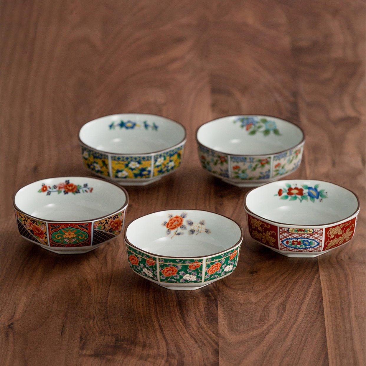 Japanese Mino Ware "Court Dyed Brocade" Octagonal Bowls Set – A Tapestry of Tradition