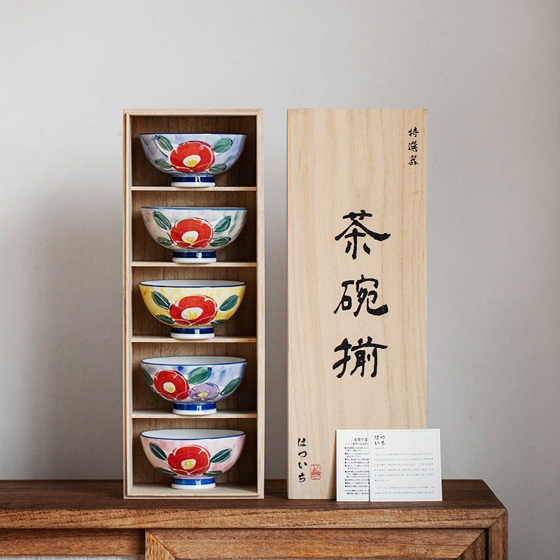 Japanese Mino-yaki Hand-Painted Floral Bowl Set