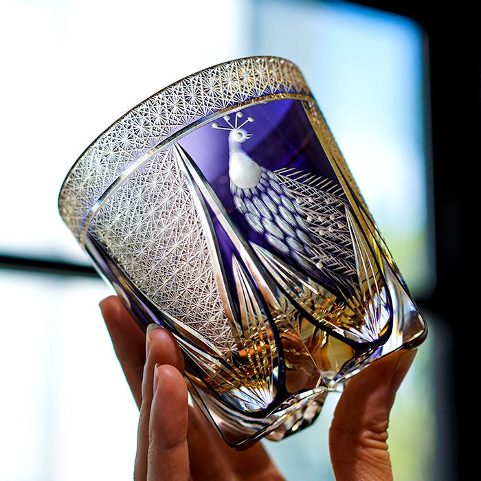 Edo Kiriko Handcrafted Violet Peacock Whisky Glass – A Royal Bloom in Crystal