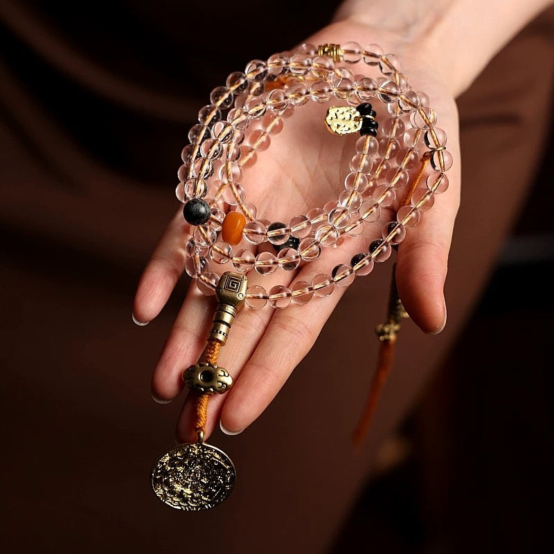 Original Design Tibetan Natural White Crystal and Amber Mala Bracelet