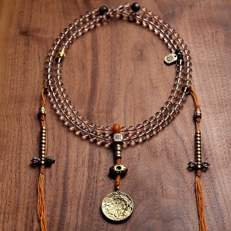 Original Design Tibetan Natural White Crystal and Amber Mala Bracelet
