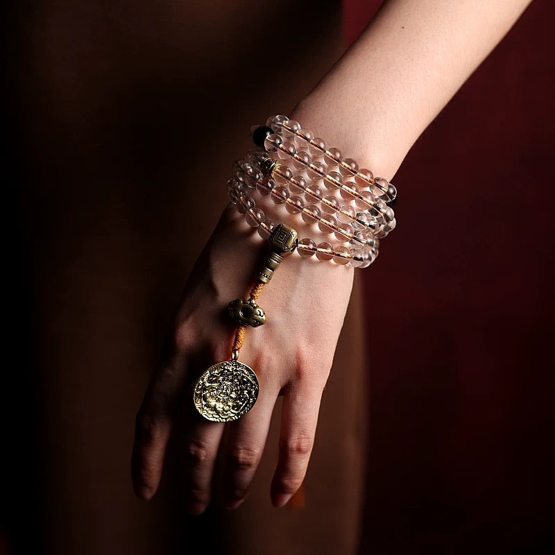 Original Design Tibetan Natural White Crystal and Amber Mala Bracelet