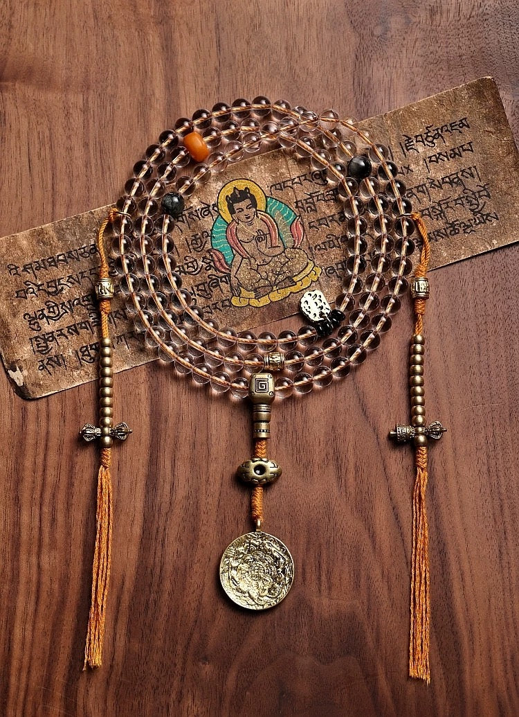 Original Design Tibetan Natural White Crystal and Amber Mala Bracelet