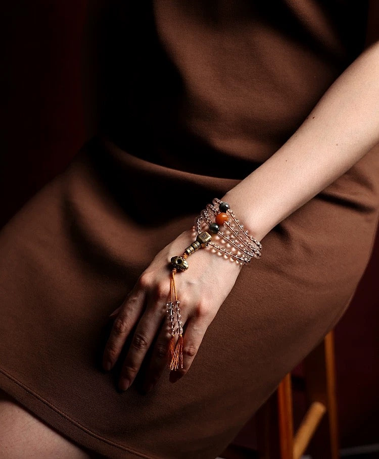 Original Design Tibetan Natural White Crystal and Amber Mala Bracelet