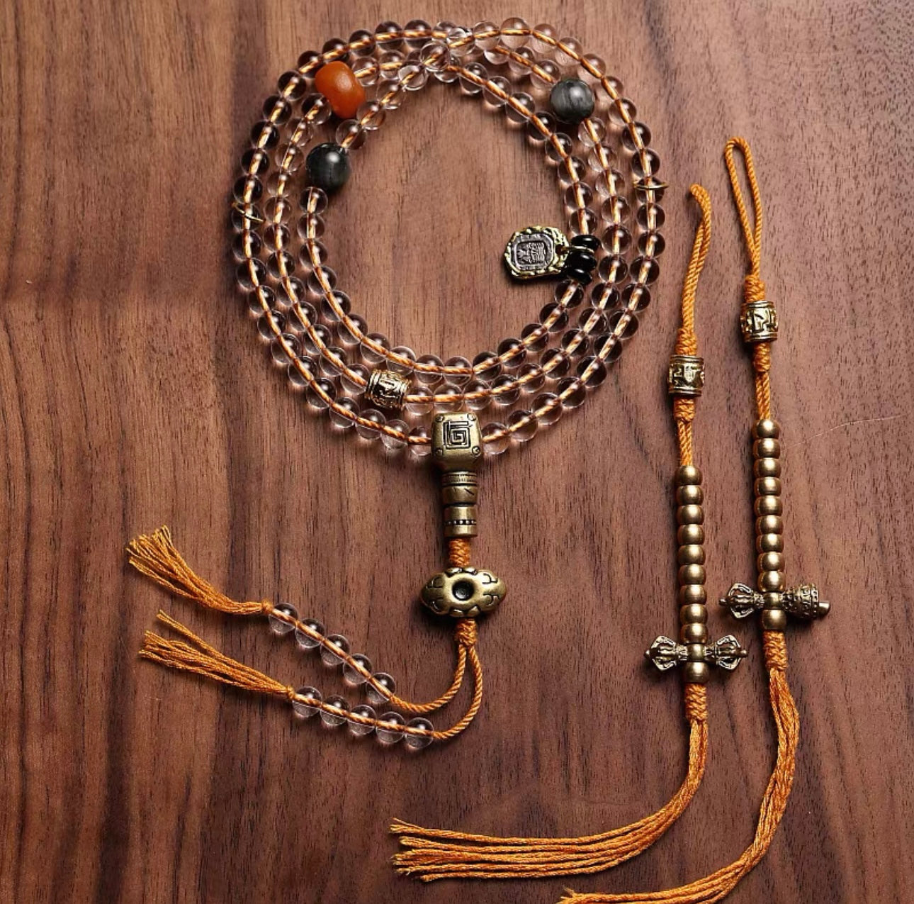 Original Design Tibetan Natural White Crystal and Amber Mala Bracelet