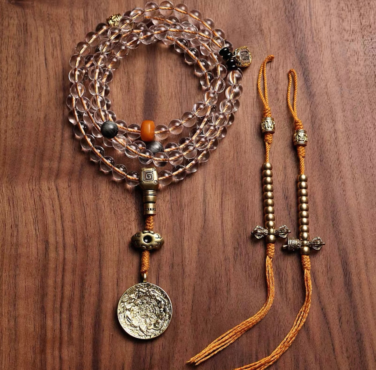 Original Design Tibetan Natural White Crystal and Amber Mala Bracelet