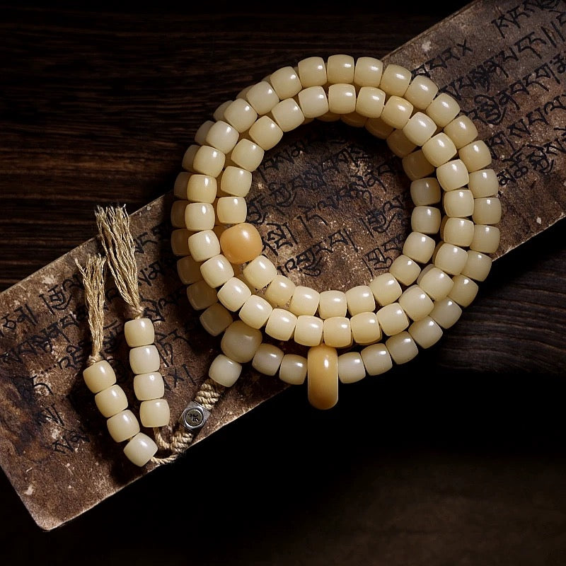 Raw Natural White Jade Bodhi Root Mala - 108 Beads of Wabi-Sabi