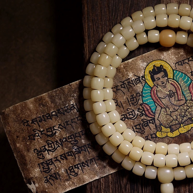 Raw Natural White Jade Bodhi Root Mala - 108 Beads of Wabi-Sabi