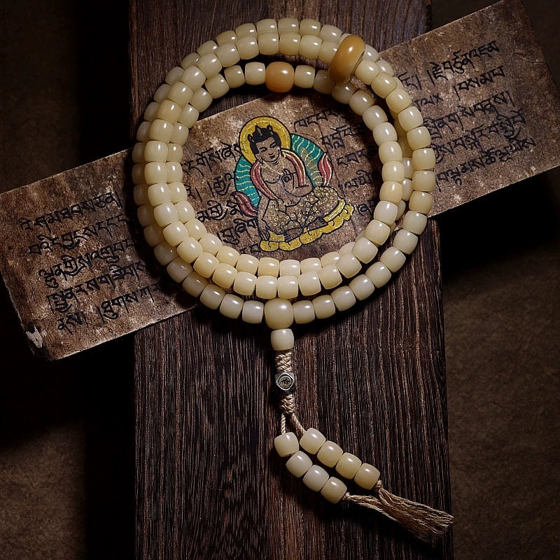Raw Natural White Jade Bodhi Root Mala - 108 Beads of Wabi-Sabi