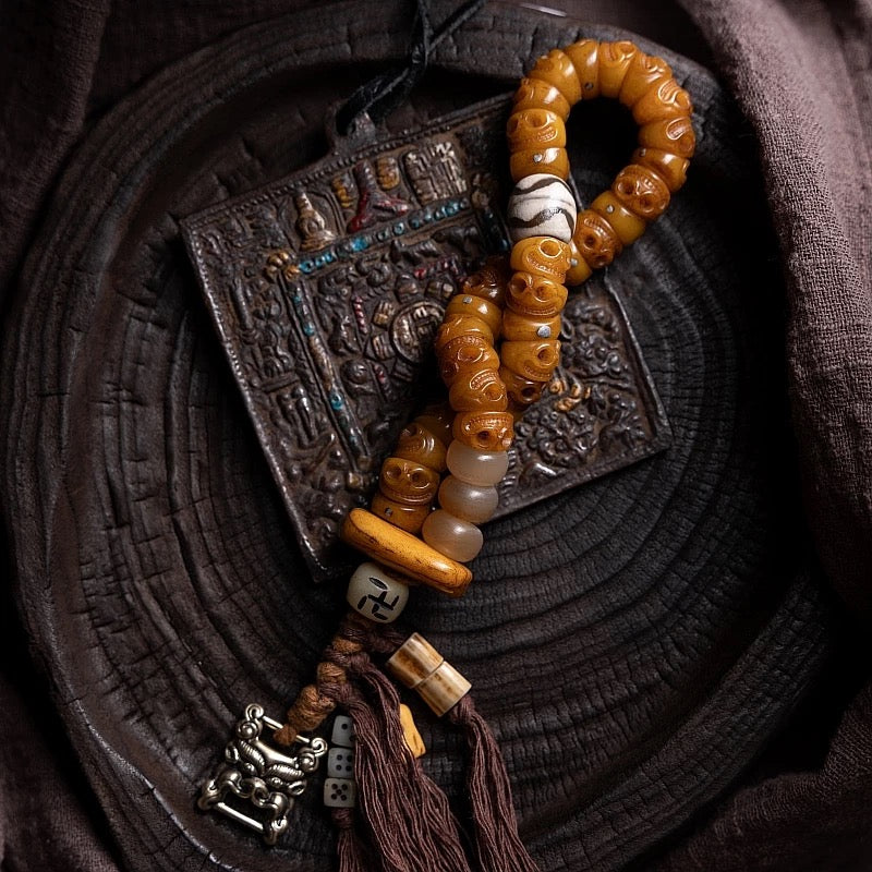 Tibetan "Slanted Cut" Yak Bone Mala Bracelet with Tassel