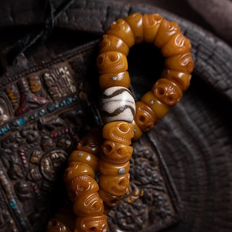 Tibetan "Slanted Cut" Yak Bone Mala Bracelet with Tassel