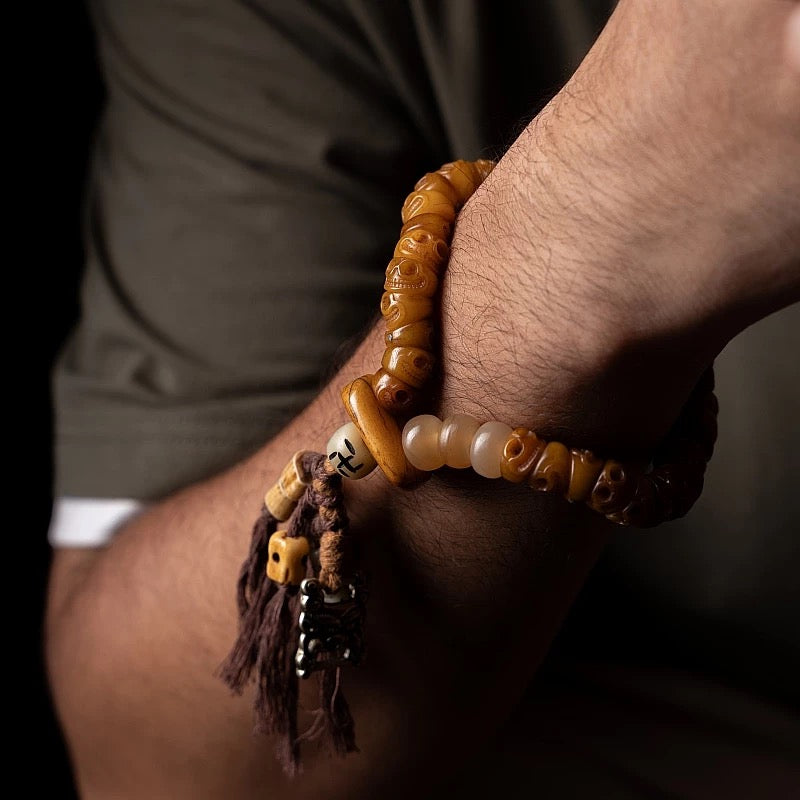 Tibetan "Slanted Cut" Yak Bone Mala Bracelet with Tassel