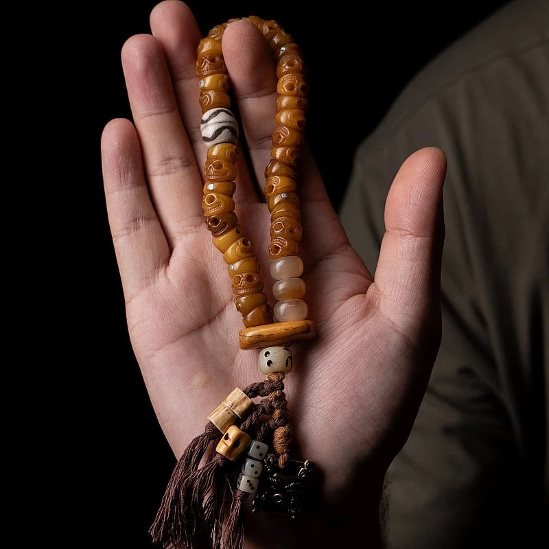 Tibetan "Slanted Cut" Yak Bone Mala Bracelet with Tassel