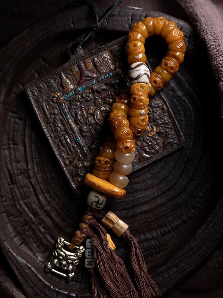 Tibetan "Slanted Cut" Yak Bone Mala Bracelet with Tassel
