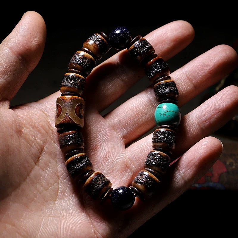 Tibetan Mala Bracelet for Men – Aged Yak Bone & Horn with Precious Stones
