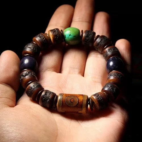 Tibetan Mala Bracelet for Men – Aged Yak Bone & Horn with Precious Stones