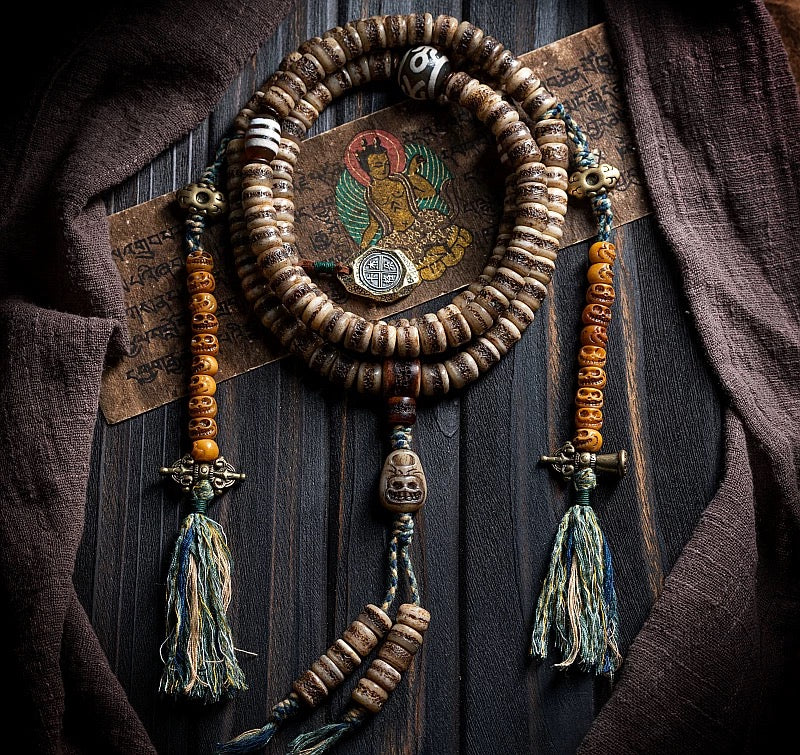 Tibetan Aged Yak Bone Mala for Men – 108 Beads of Tradition