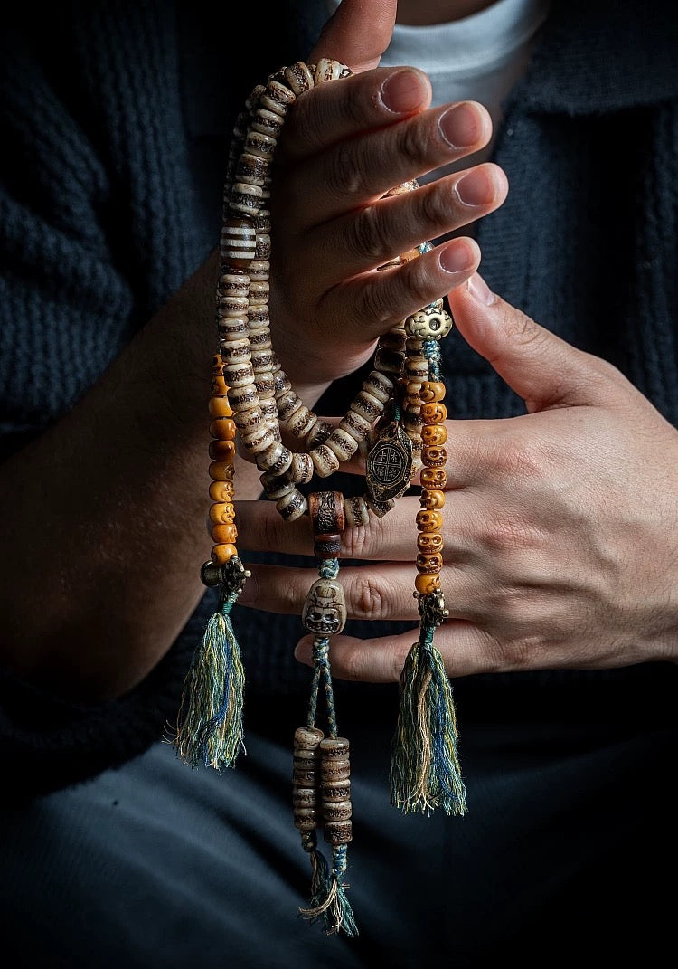 Tibetan Aged Yak Bone Mala for Men – 108 Beads of Tradition