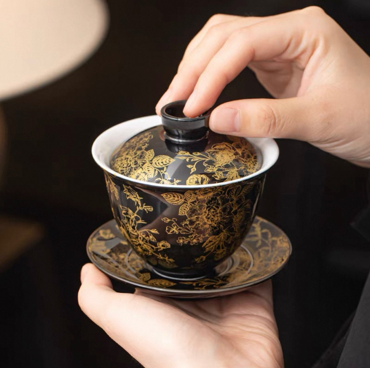 Gold-Lined Peony Ceramic Gaiwan - High-End Anti-Scald Teaware