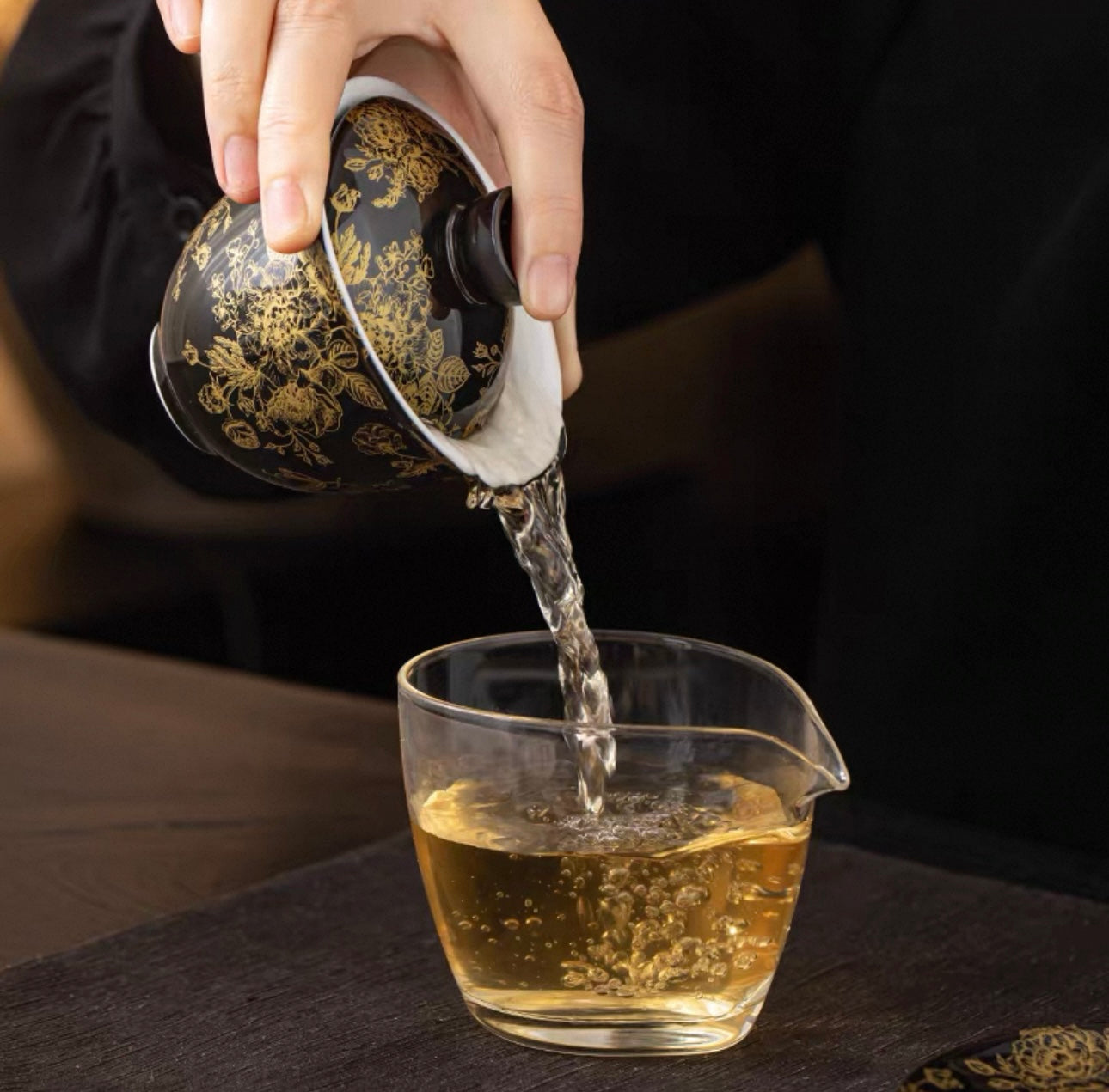 Gold-Lined Peony Ceramic Gaiwan - High-End Anti-Scald Teaware