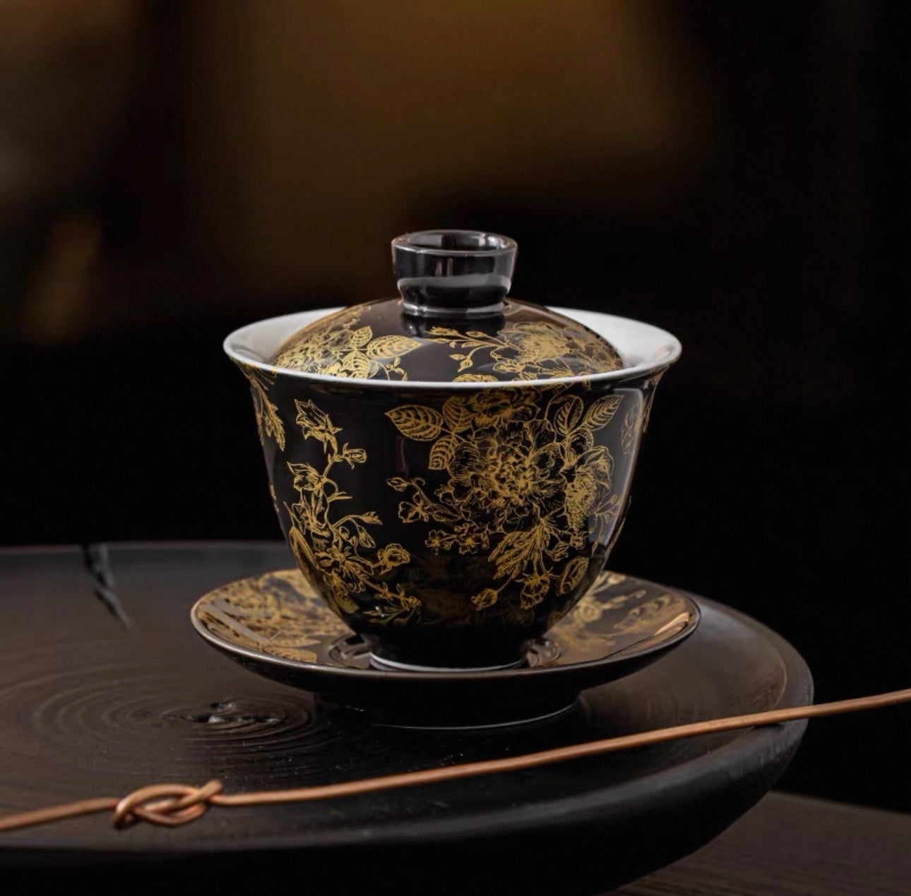Gold-Lined Peony Ceramic Gaiwan - High-End Anti-Scald Teaware