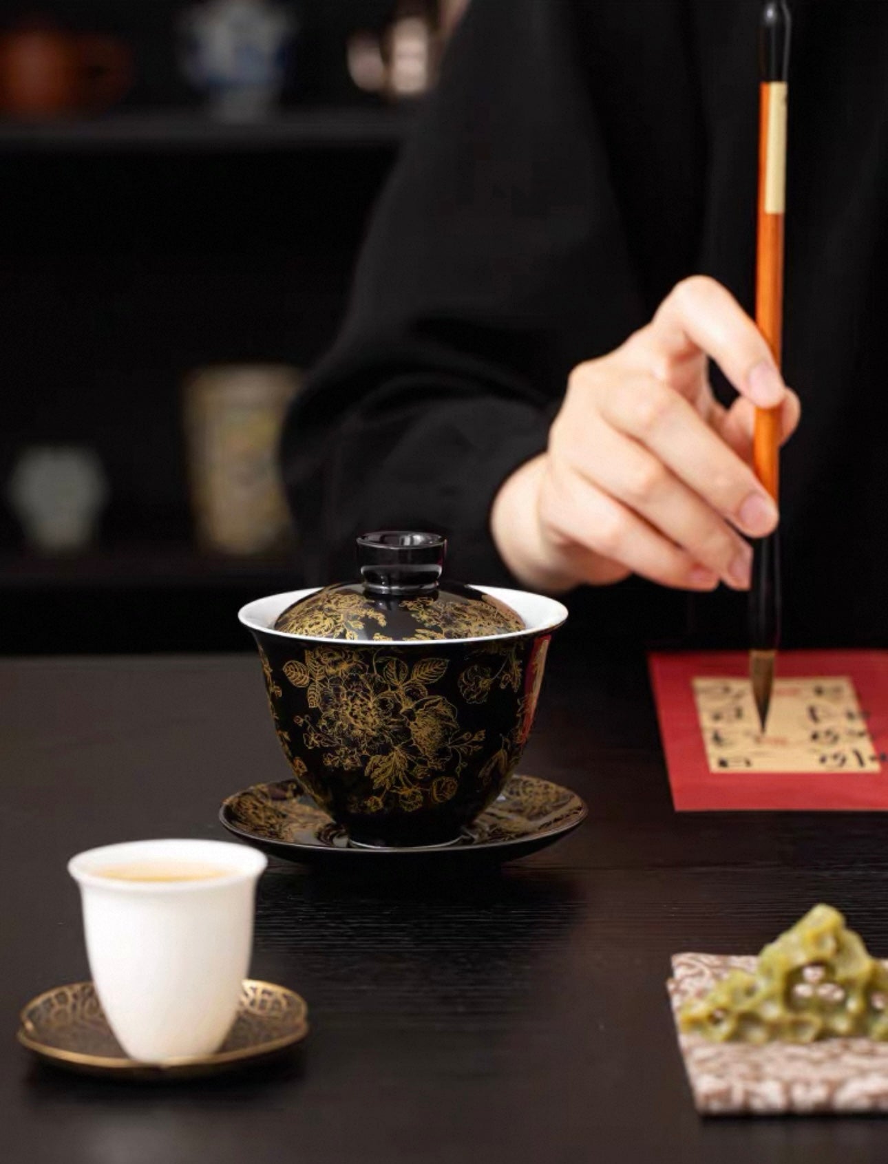Gold-Lined Peony Ceramic Gaiwan - High-End Anti-Scald Teaware
