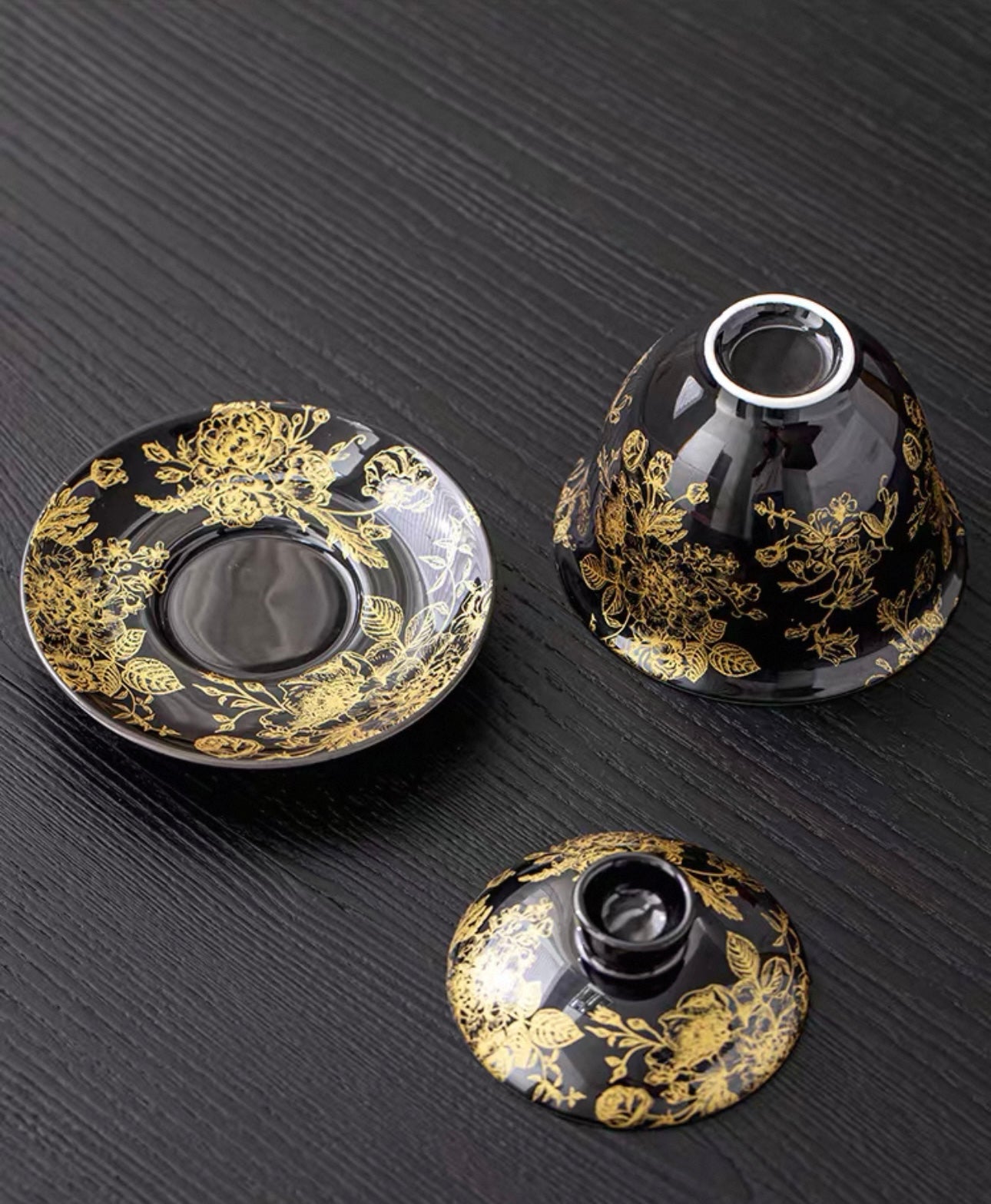 Gold-Lined Peony Ceramic Gaiwan - High-End Anti-Scald Teaware