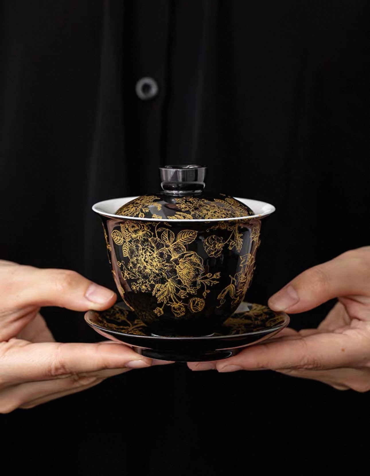 Gold-Lined Peony Ceramic Gaiwan - High-End Anti-Scald Teaware