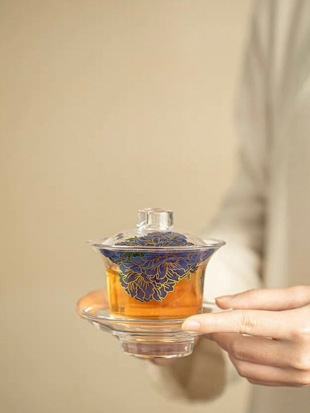 Peony-Etched Glass Gaiwan - Large, Anti-Scald Design