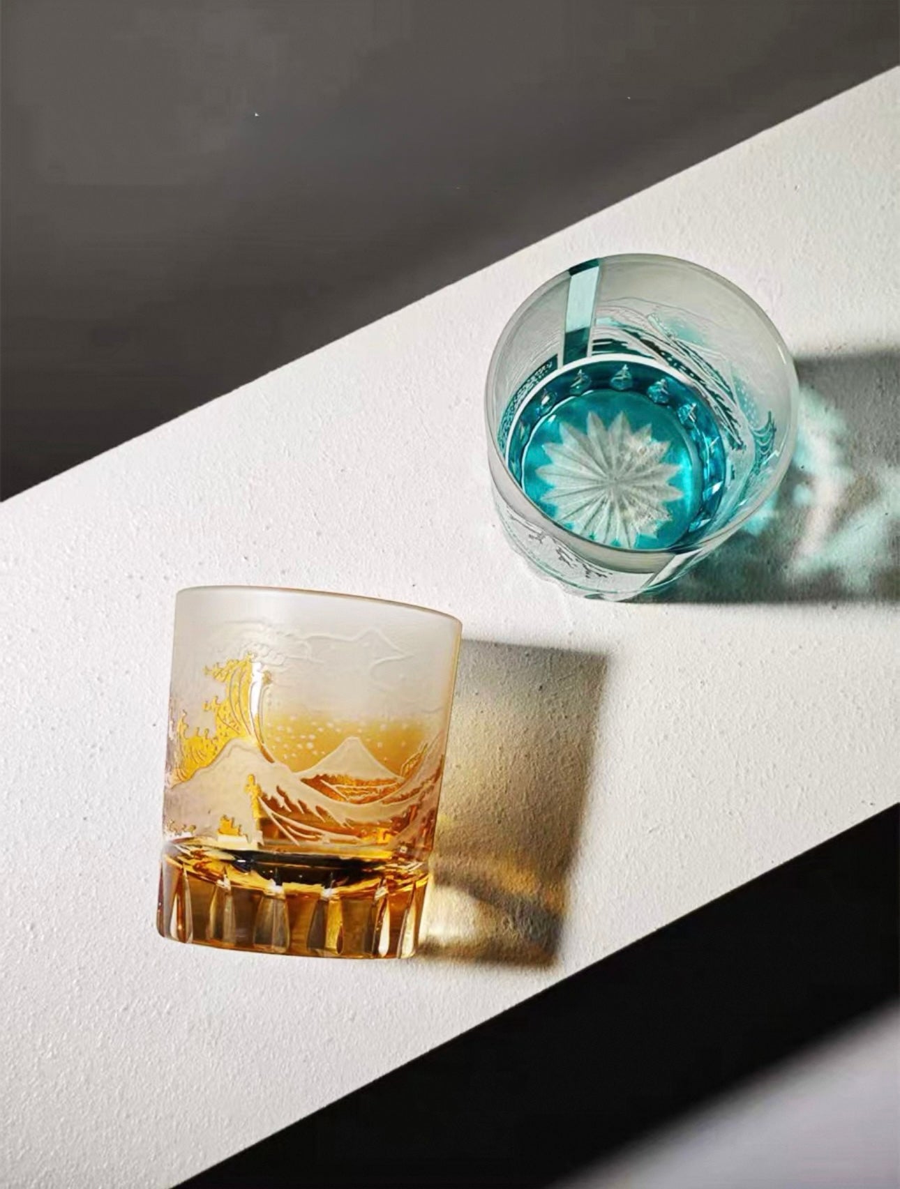 Edo Kiriko Handcrafted "Fuji Wave" Whiskey Glass Collection