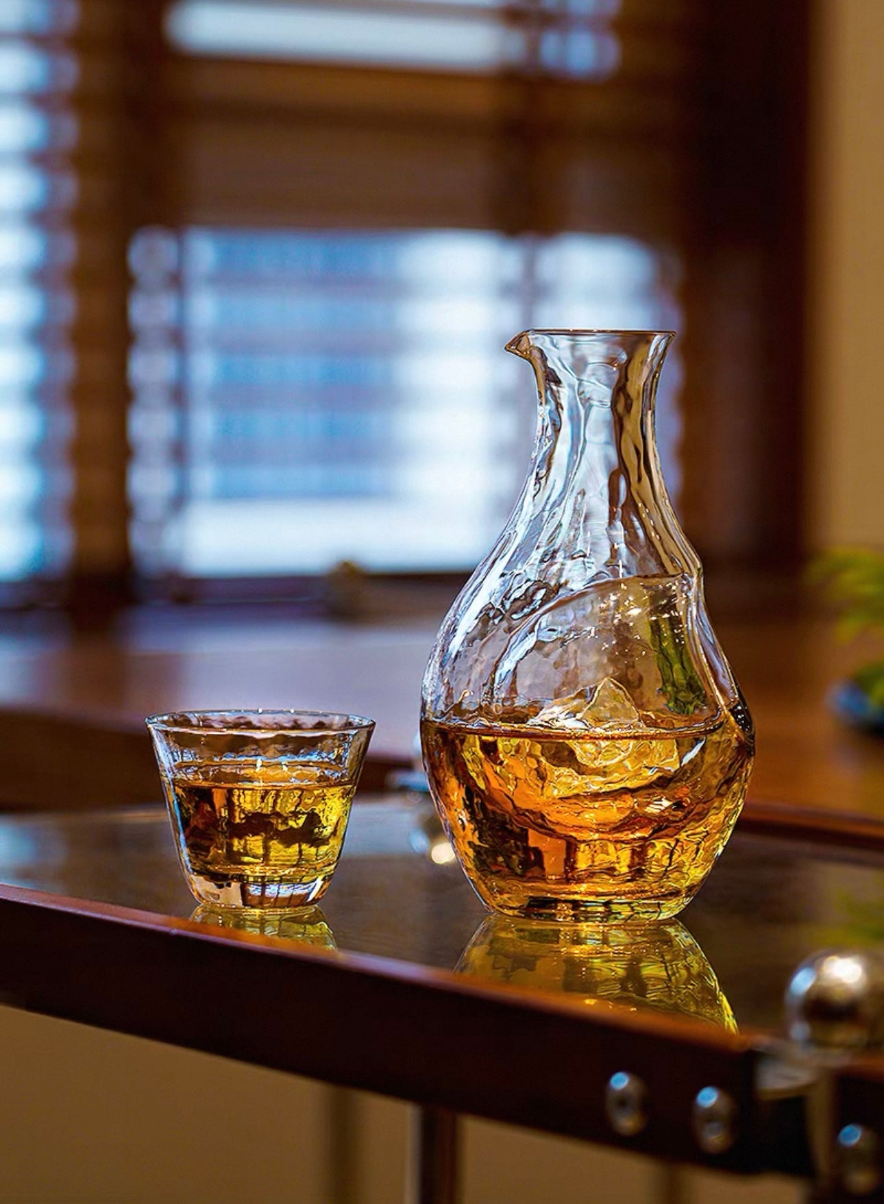 Japanese Amber Hammered Ice Sake Set (Tokkuri & Cups)