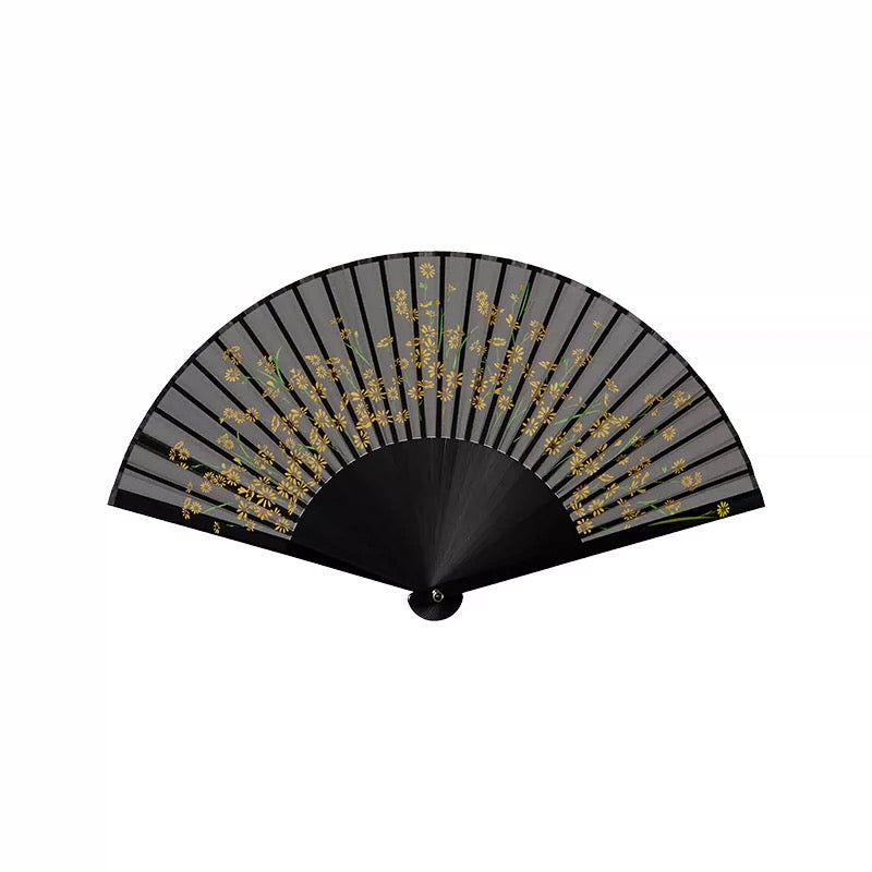 All-Bamboo Rib Silk Folding Fan | Daisy, Lily & Hibiscus Collection