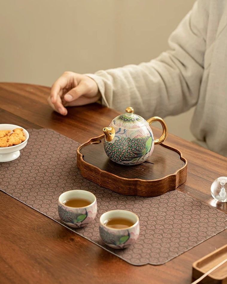 Enamel Peacock Porcelain Tea Set | Luxury Teapot & 2 Cups Trio