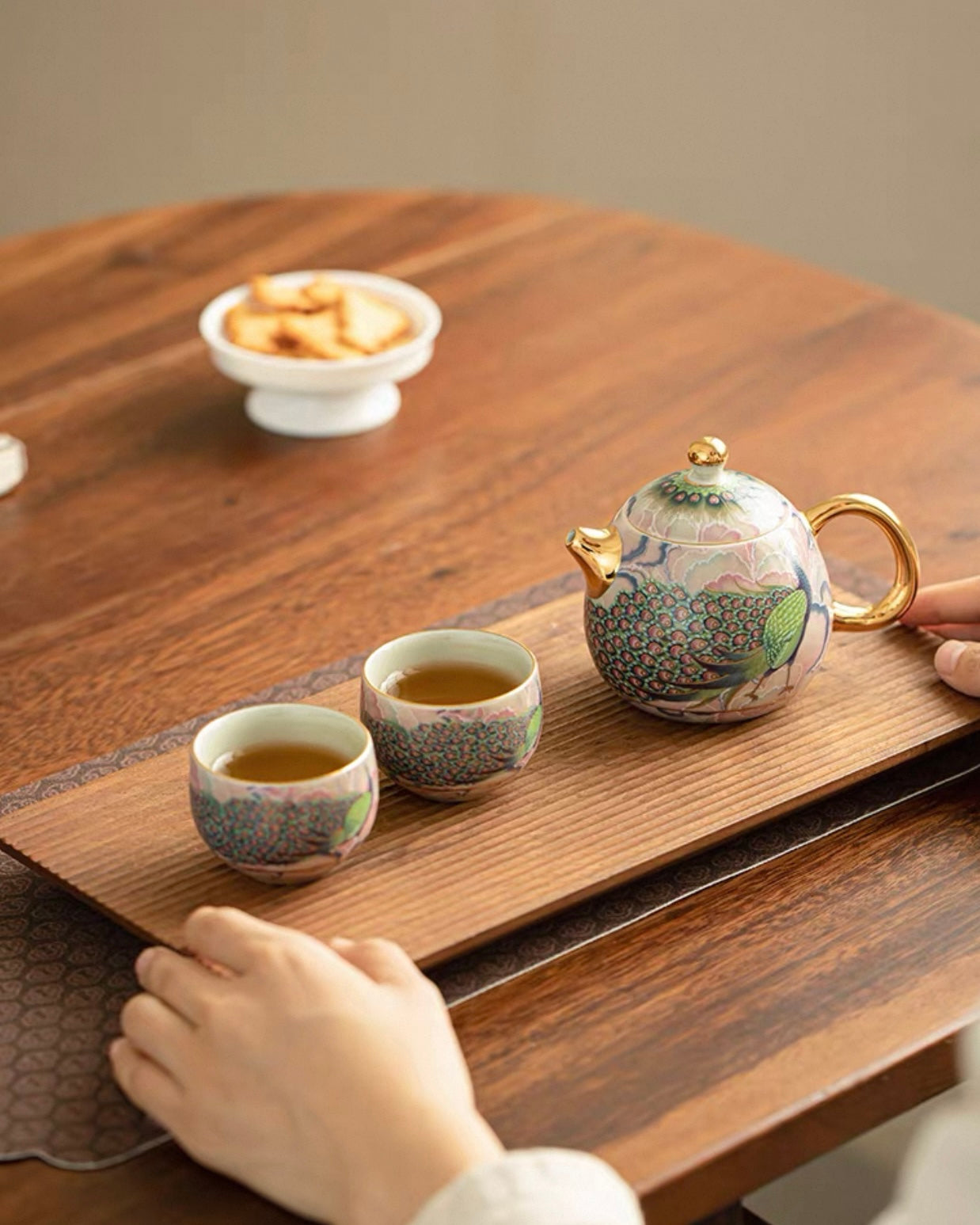 Enamel Peacock Porcelain Tea Set | Luxury Teapot & 2 Cups Trio