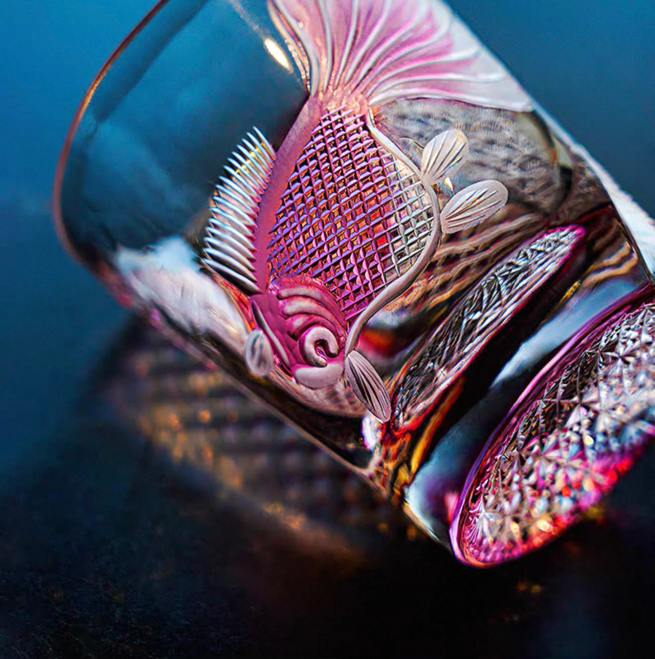 Edo Kiriko Handcrafted Rose Koi Whisky Glass With Wooden Box